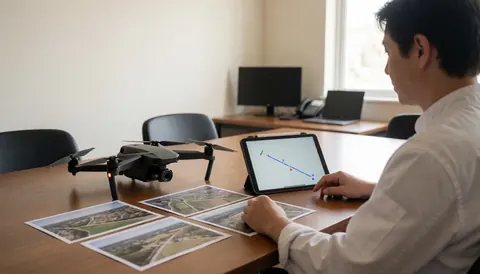 Aerial photographer reviewing flight route and photos on a tablet with a drone on a wooden desk in a bright office