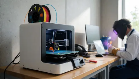 3D printer with colorful filament in robotics workshop, technician wearing welding helmet, concrete wall, and wooden table.