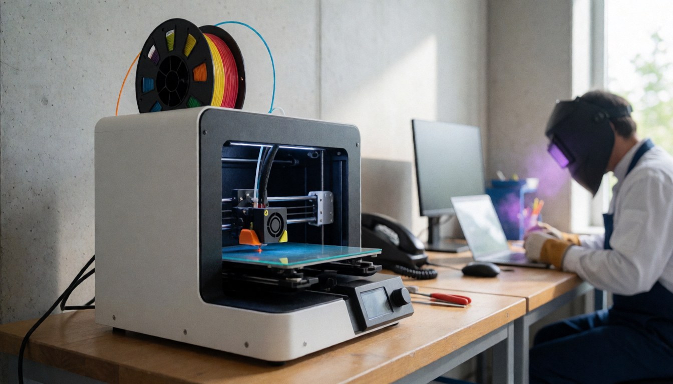 3D printer with colorful filament in robotics workshop, technician wearing welding helmet, concrete wall, and wooden table.