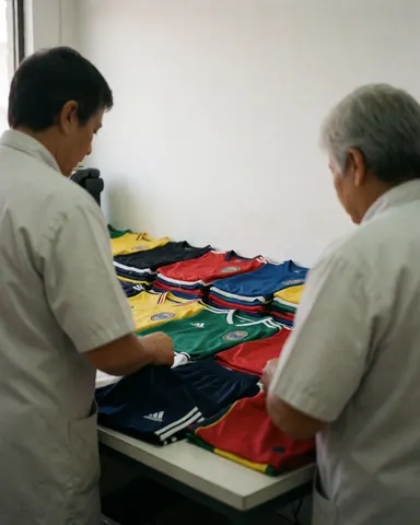 Two workers sort soccer jerseys and shorts by color on a white table in a laundry facility