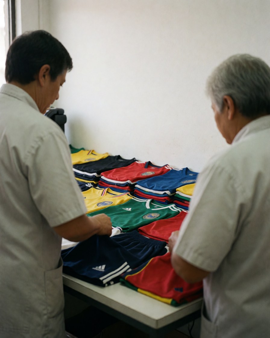 Two workers sort soccer jerseys and shorts by color on a white table in a laundry facility