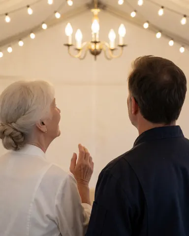 A satisfied client viewing elegant hanging lamps and string lights inside a furniture rental shop interior.