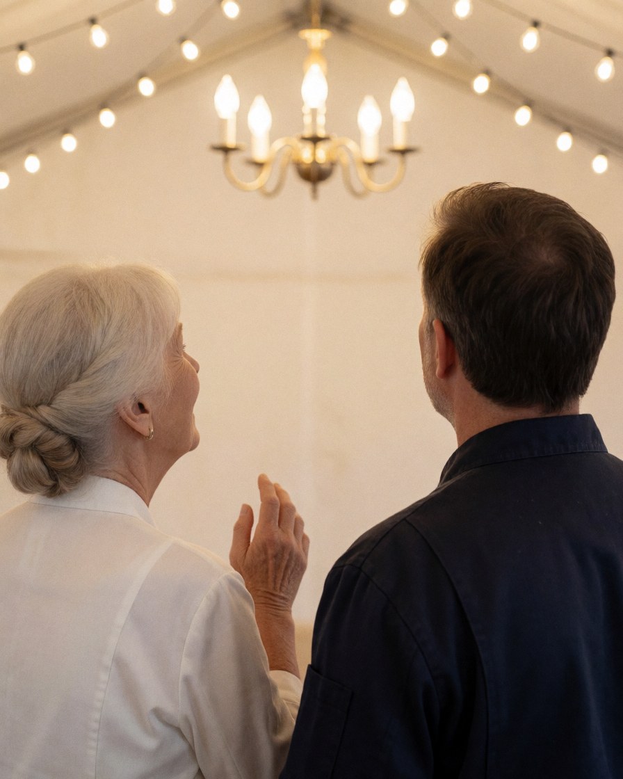A satisfied client viewing elegant hanging lamps and string lights inside a furniture rental shop interior.