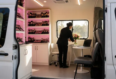 Interior of a mobile makeup van featuring organized shelves, a laptop on a table, and fresh flowers being arranged by an artist.