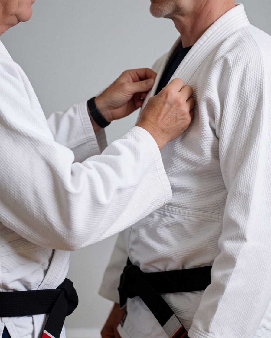 Karate instructor adjusting the collar of a student's gi in preparation for an evaluation