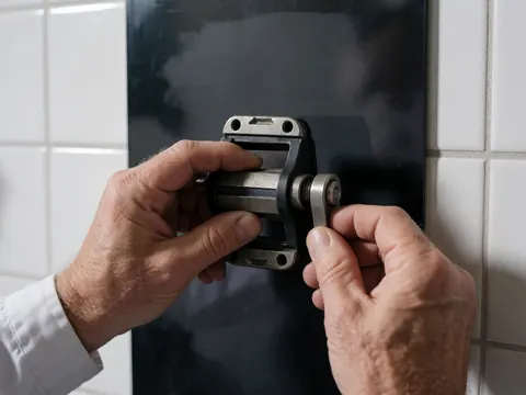 Close-up of hands adjusting a mountain bike pedal, showing metal and plastic details against a white tiled wall background