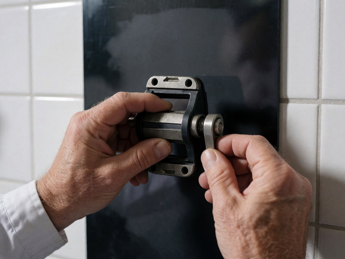 Close-up of hands adjusting a mountain bike pedal, showing metal and plastic details against a white tiled wall background