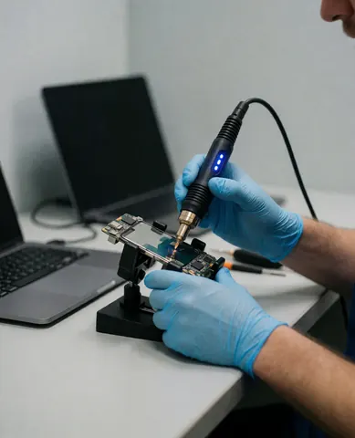 Technician wearing blue gloves using a soldering iron to repair a smartphone motherboard in an electronics workshop with a laptop in the background.