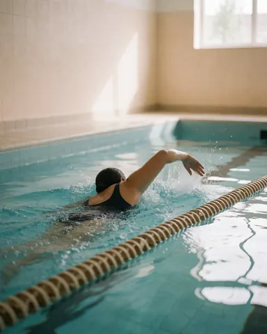 An adult swims in a public pool with lane tape, beige walls, and natural light.