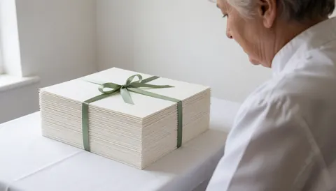 A stack of banquet menus tied with green ribbon on a white table with a person reviewing details