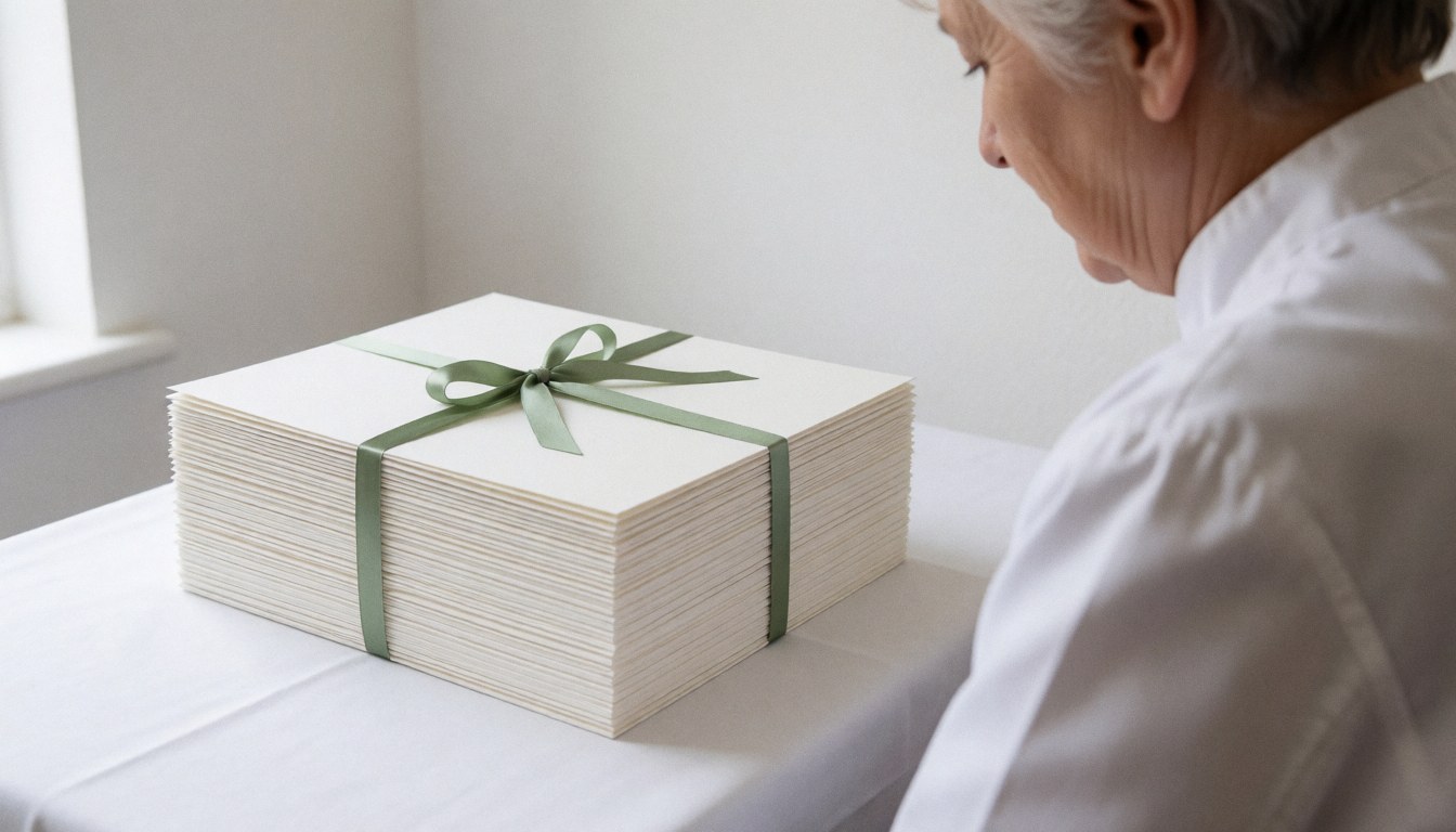A stack of banquet menus tied with green ribbon on a white table with a person reviewing details