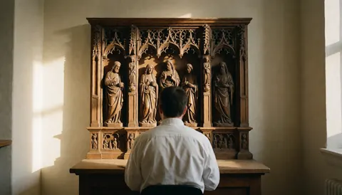 A carved wooden altar featuring religious figures illuminated by natural light in a white chapel setting, suitable for wood carving business websites