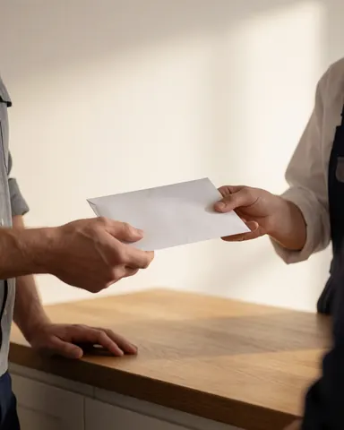 Electrician and client exchanging an envelope on a wooden kitchen counter in a warm, naturally lit home.