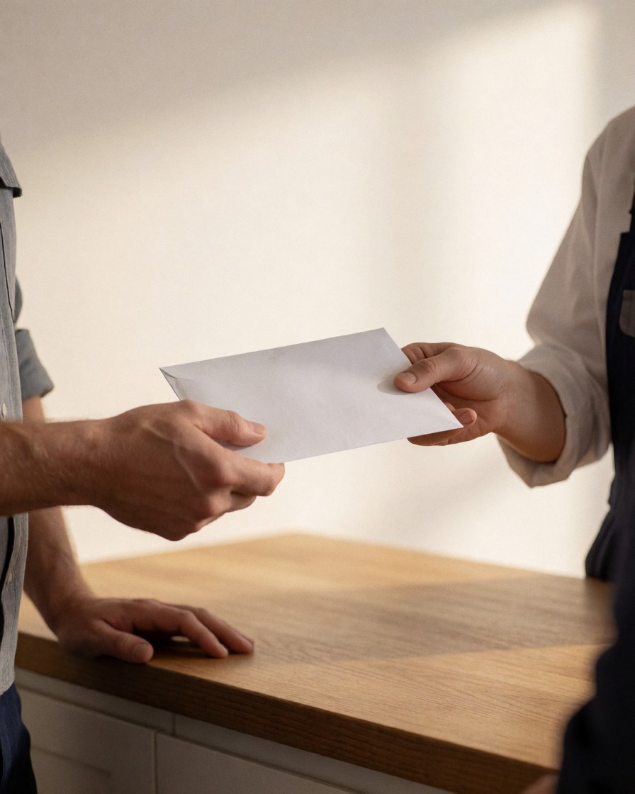 Electrician and client exchanging an envelope on a wooden kitchen counter in a warm, naturally lit home.