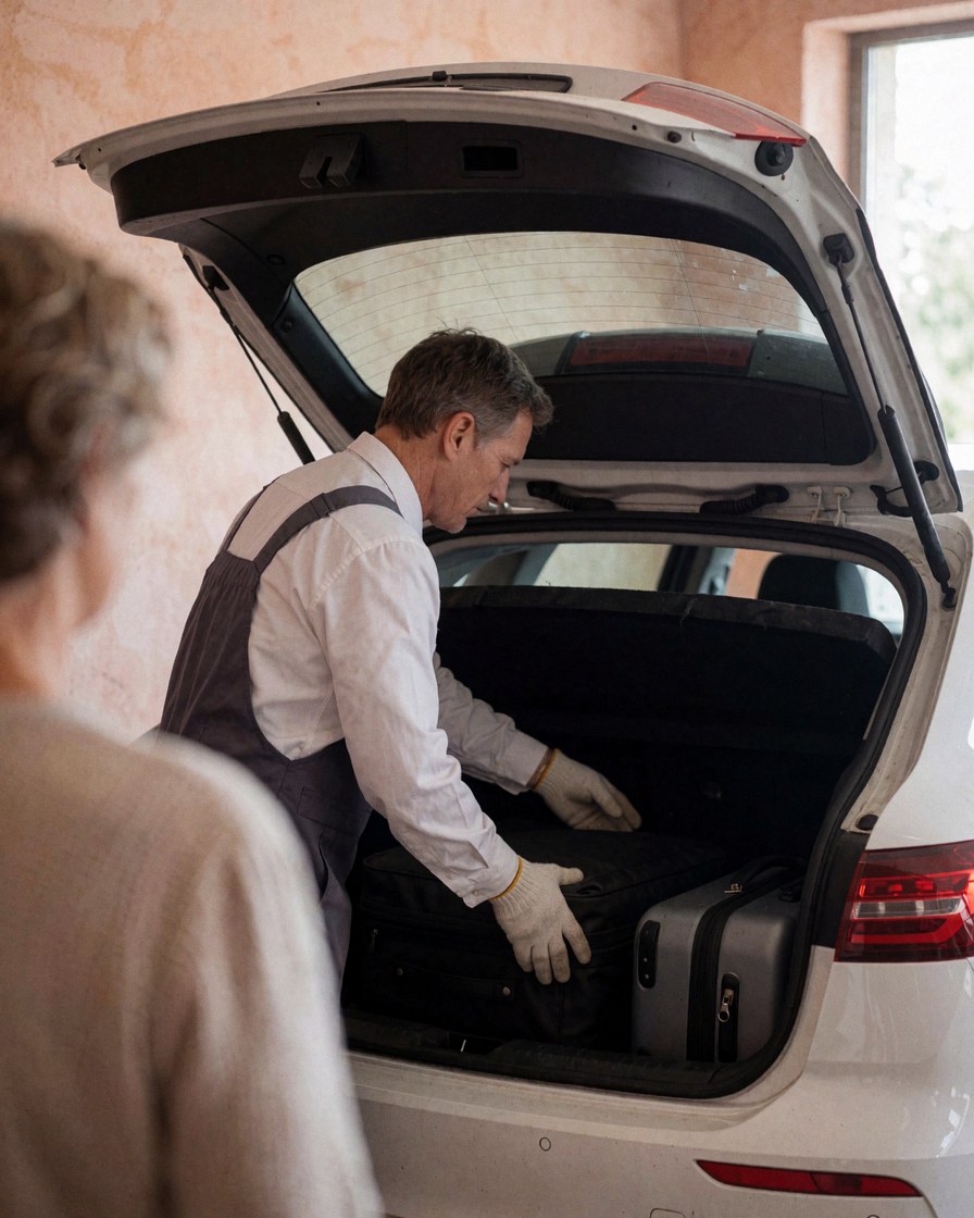 A driver arranging passenger luggage in the open trunk of a car at a roadside rest area.