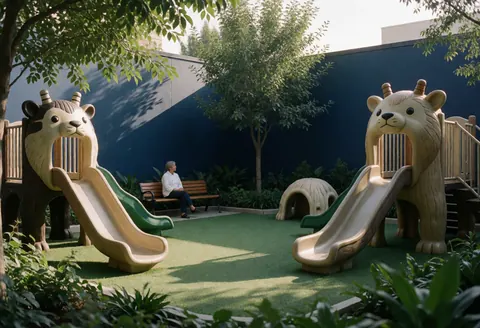 Zoo playground featuring animal-shaped slides, blue wall, tree, bench, and synthetic grass floor in a calm and safe setting.