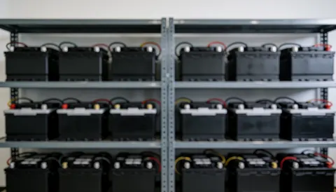 Metal shelving units holding connected lead acid batteries in an industrial setting suitable for battery repair service backgrounds