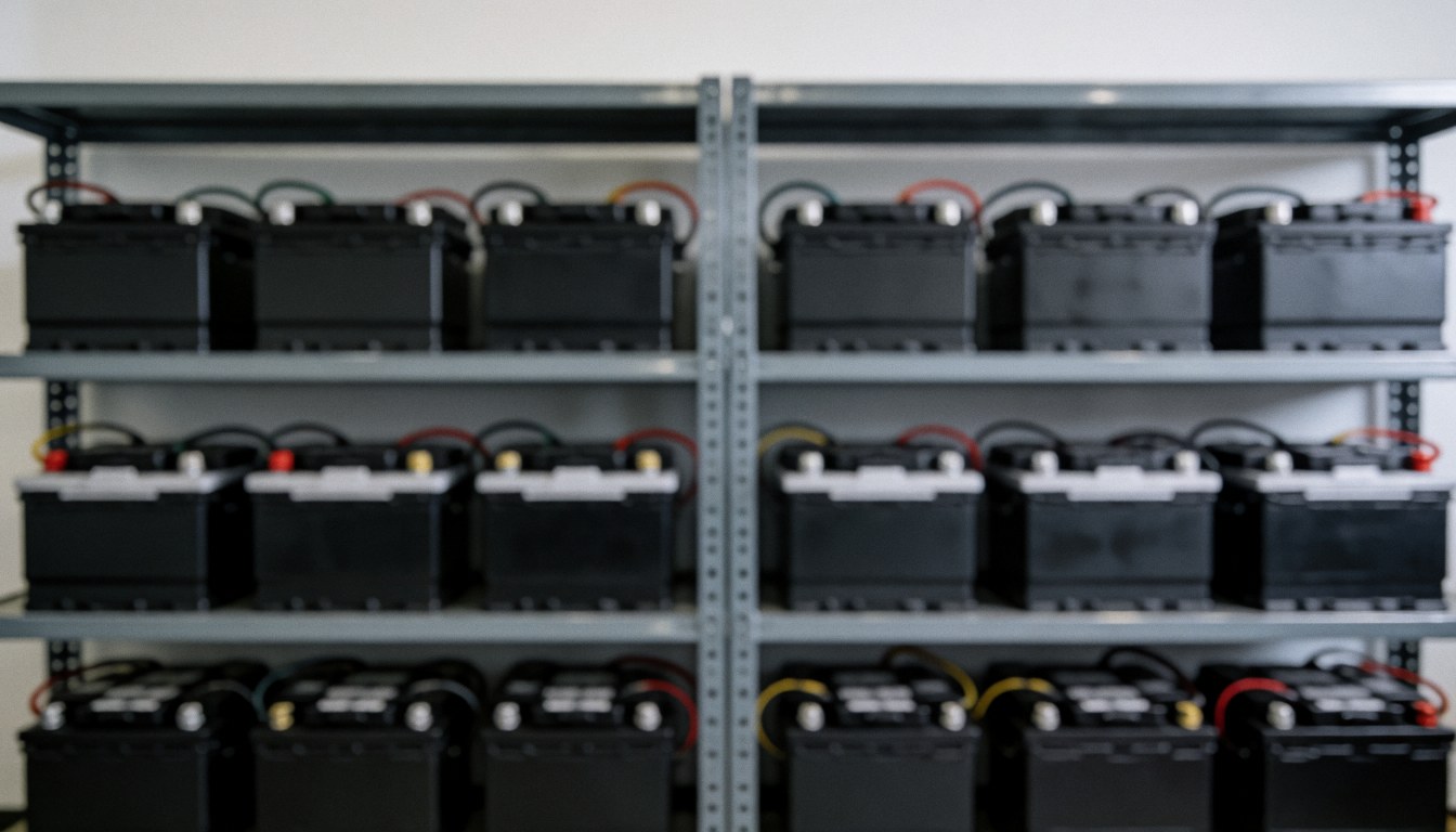Metal shelving units holding connected lead acid batteries in an industrial setting suitable for battery repair service backgrounds