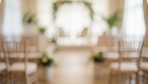 Background of wooden wedding chairs with a decorative arch and soft lights, ideal for text overlay