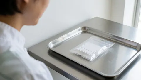 Stethoscope resting on a metal tray placed on a stainless steel table in a clinic with white walls and natural light