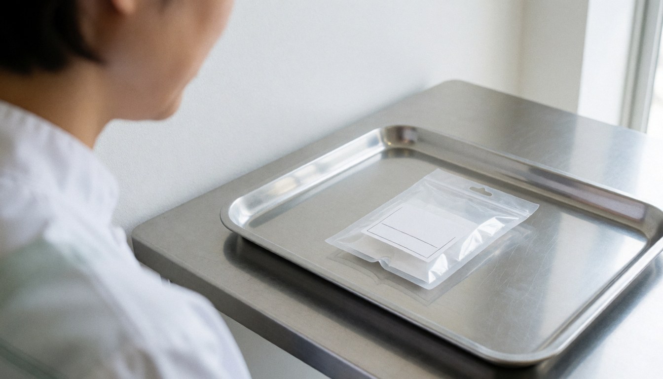 Stethoscope resting on a metal tray placed on a stainless steel table in a clinic with white walls and natural light