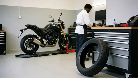 Mechanic working on motorcycle in workshop with new tire in foreground