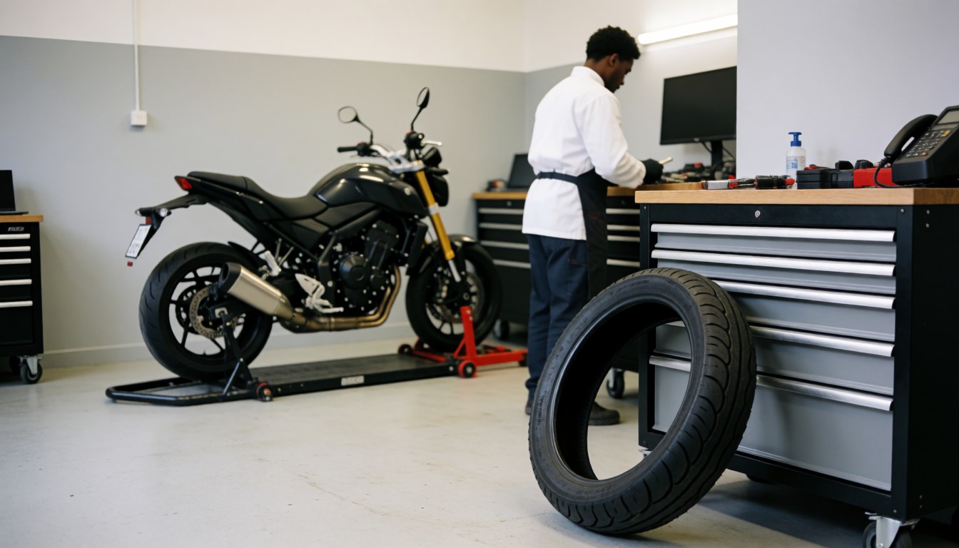 Mechanic working on motorcycle in workshop with new tire in foreground