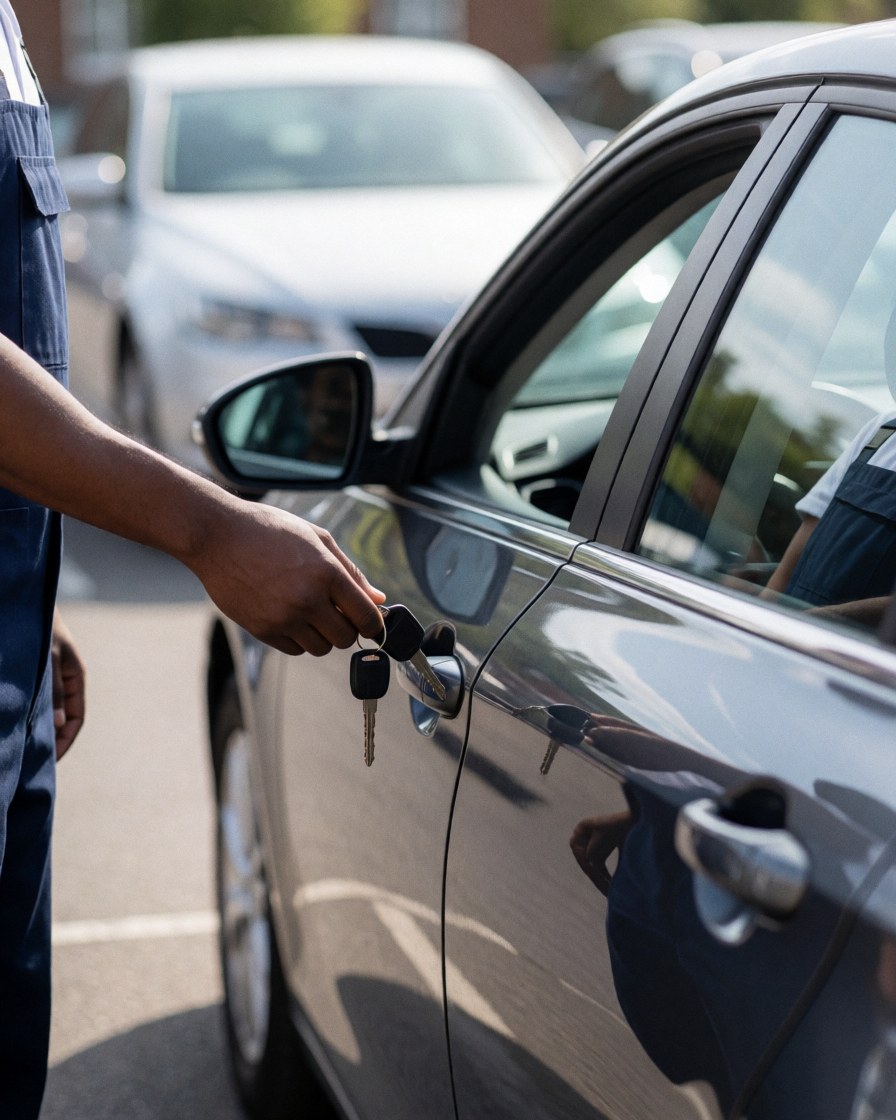 A worker hands car keys to a customer in a dark car parked outside, with a visible reflection on the window.