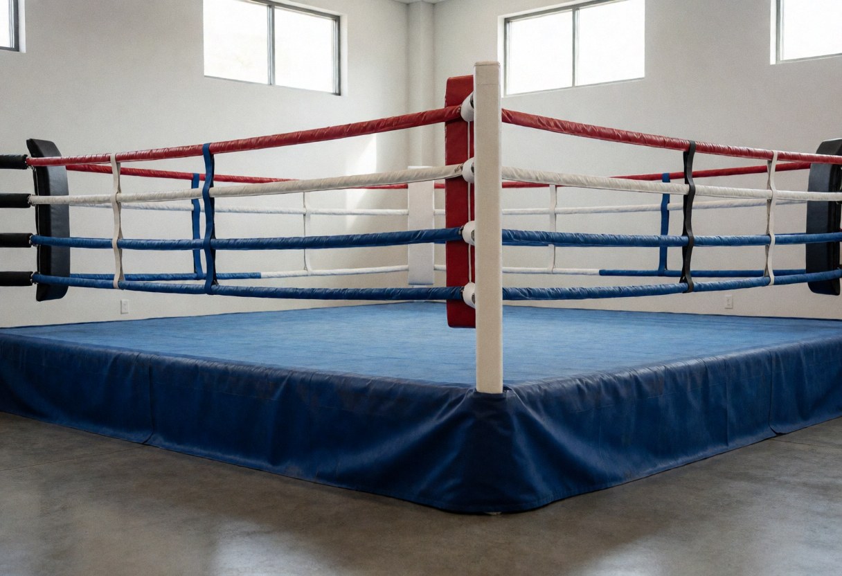 Empty boxing ring featuring red, white, and blue ropes, a black corner pad, polished concrete floor, and high windows with natural light, suitable for a gym setting.