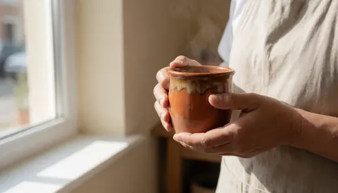 Hands holding a steaming ceramic mug near a window with beige walls, suitable for pottery workshop imagery