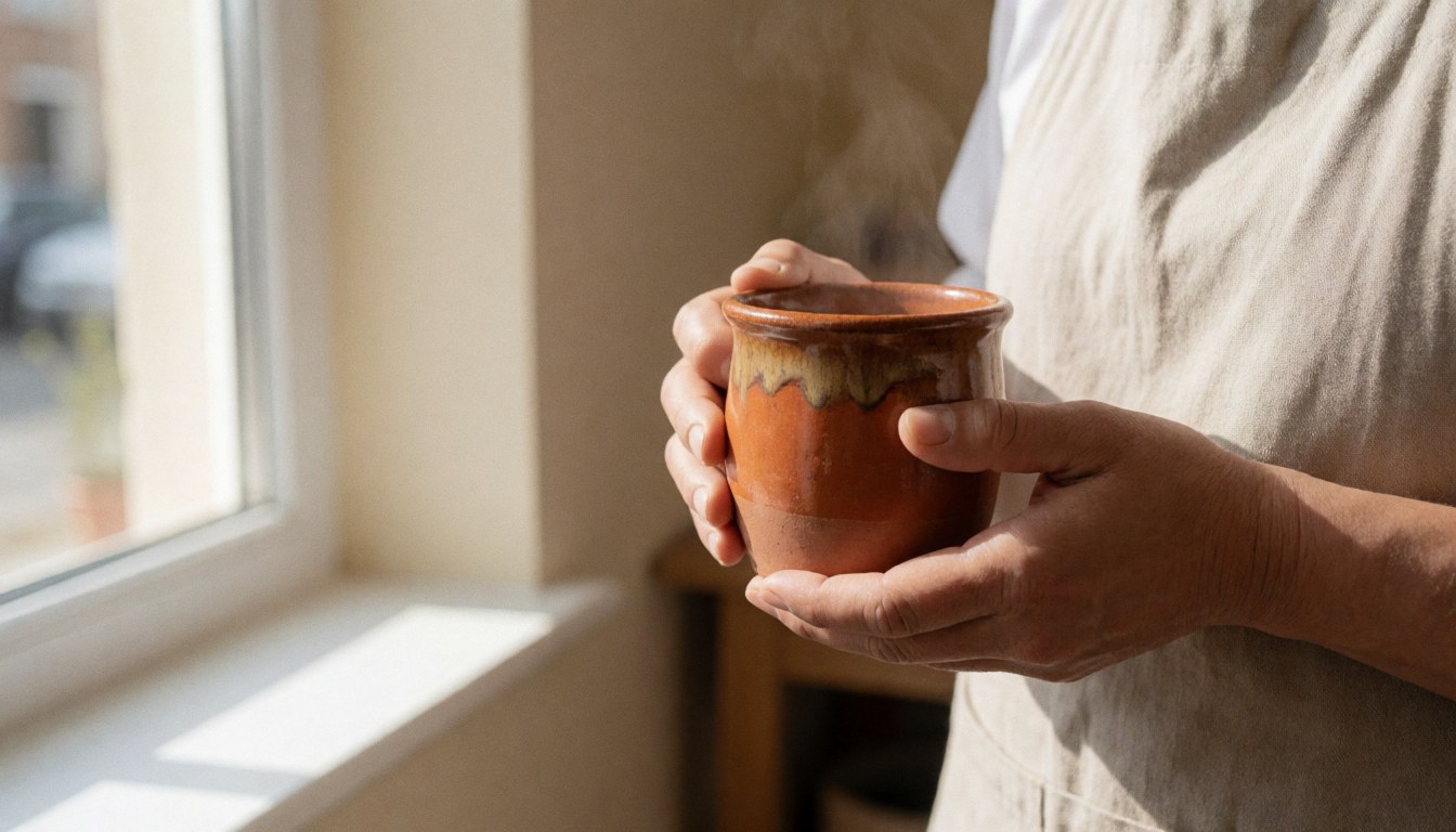 Hands holding a steaming ceramic mug near a window with beige walls, suitable for pottery workshop imagery