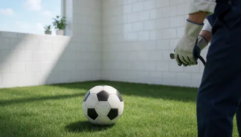 Black and white soccer ball resting on green grass near a white tiled wall with sunlight and a gloved hand visible