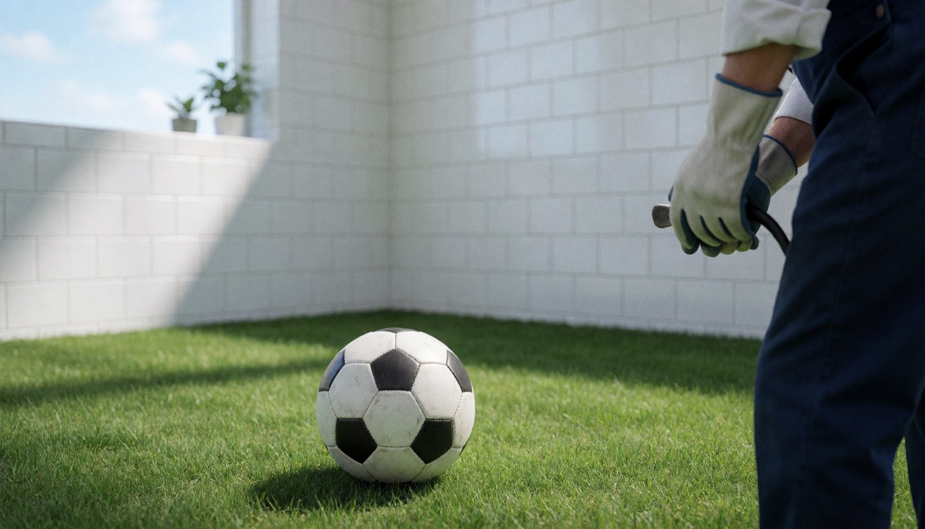 Black and white soccer ball resting on green grass near a white tiled wall with sunlight and a gloved hand visible