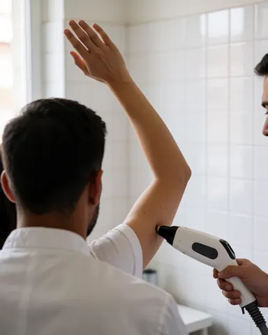 A professional technician applies laser hair removal treatment to a client's arm in a bright clinic with white tiled walls and natural light.