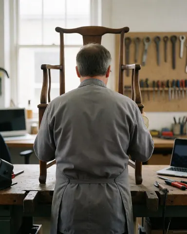 Carpenter inspecting a restored colonial chair in a well-lit workshop with tools hanging on the wall