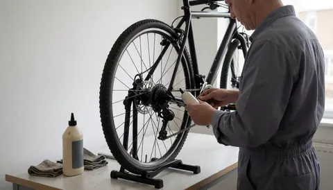 Mechanic applying lubricant to a bicycle chain in a workshop with white walls and a lubricant bottle on the table.