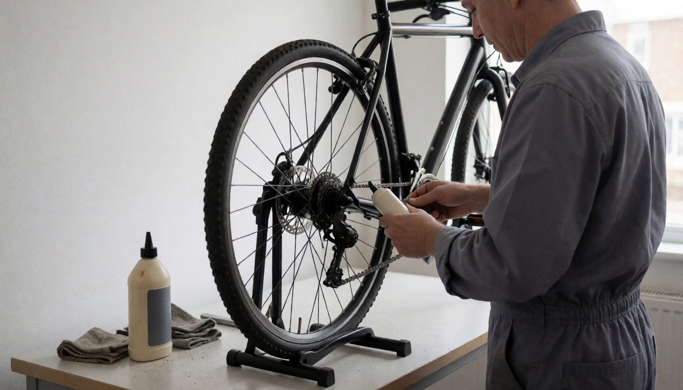 Mechanic applying lubricant to a bicycle chain in a workshop with white walls and a lubricant bottle on the table.