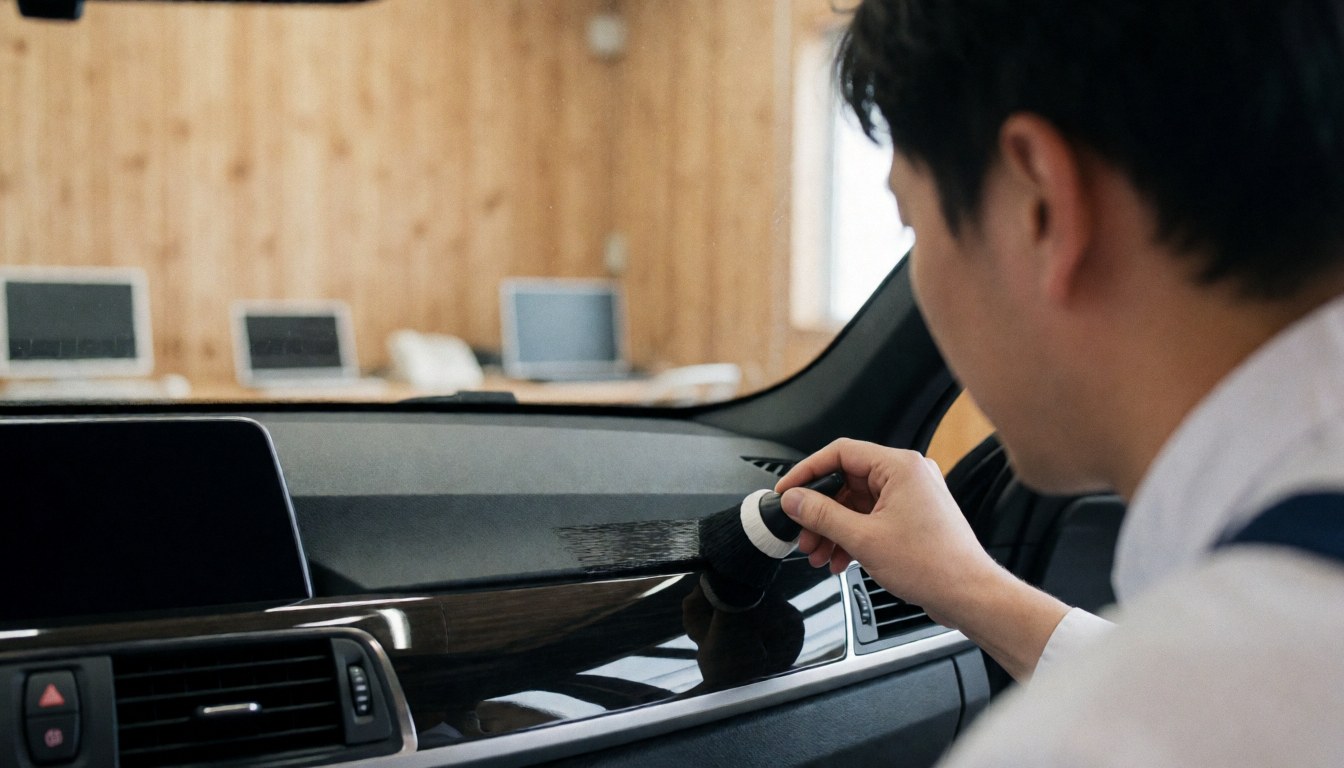 Close-up of a hand applying restorer gel to a car dashboard during a professional car wash service