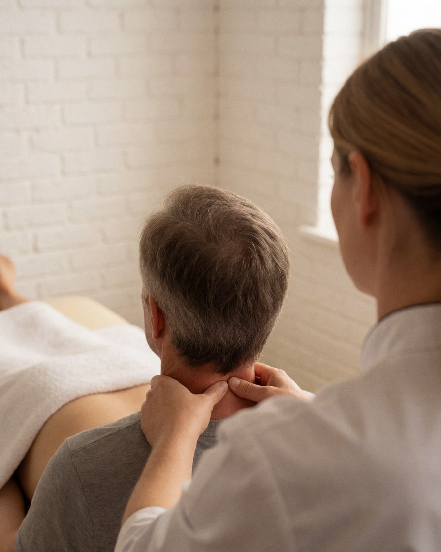 Therapist applying a neck massage to a client lying on a table with a white towel in a room with a white brick wall.