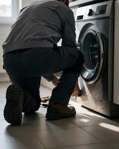 Technician kneeling to adjust the leveling feet of a front-load washing machine in a tiled kitchen with morning light.
