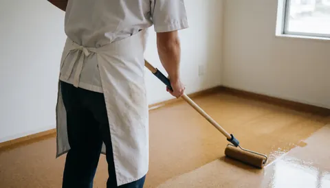 Worker applying sealer to cork floor with a long roller