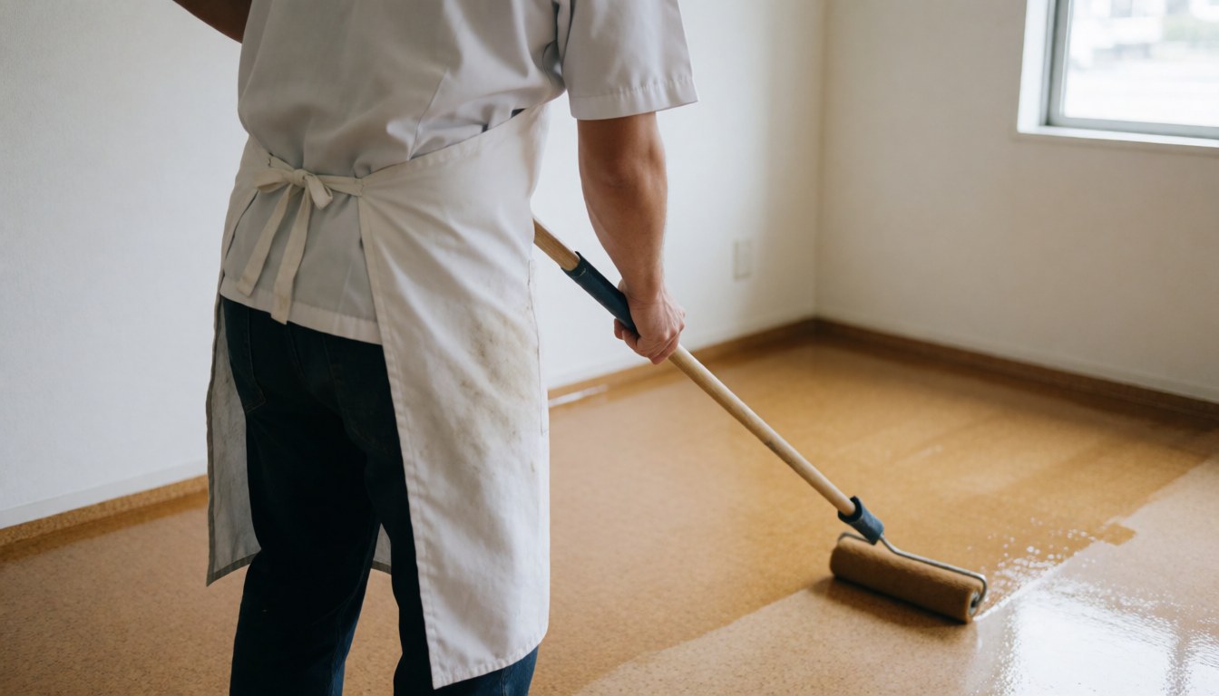 Worker applying sealer to cork floor with a long roller