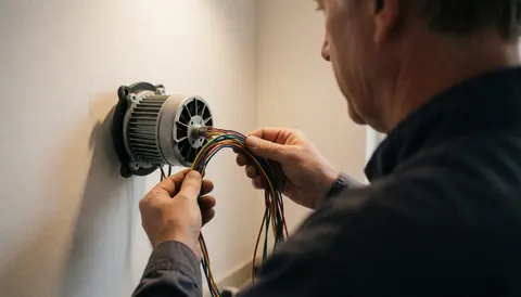 Technician connecting wires to a fan motor during a repair service, with a white wall and warm lighting in the background.