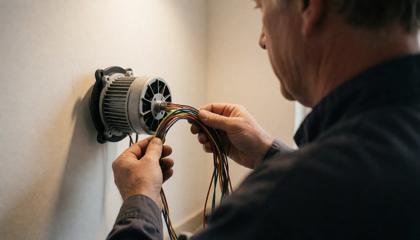 Technician connecting wires to a fan motor during a repair service, with a white wall and warm lighting in the background.