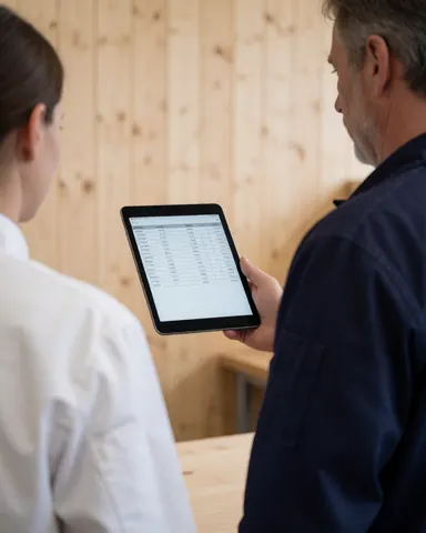 A satisfied client reviews a digital inventory list on a tablet while an employee provides guidance in a warehouse with light wood walls.