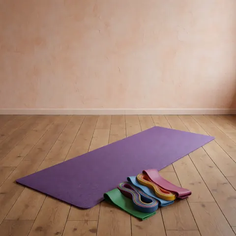 Textured purple yoga mat and multicolor resistance bands on a wooden floor with a terracotta plaster wall, ideal for fitness training.
