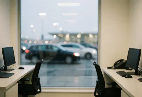 Airport office with computers, phones, and chairs, blurred view of cars in pickup zone