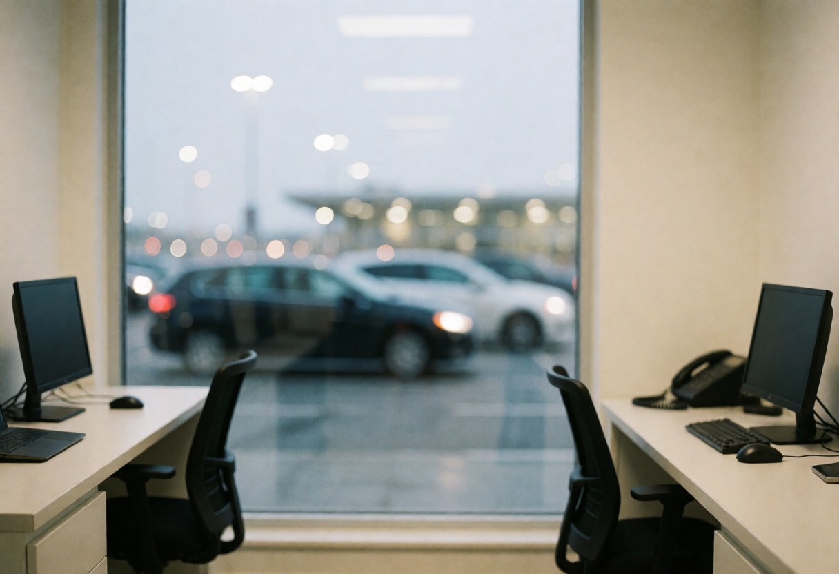 Airport office with computers, phones, and chairs, blurred view of cars in pickup zone