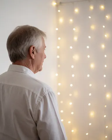 An adult customer observes an LED light curtain against white walls, creating a magical atmosphere for event lighting.