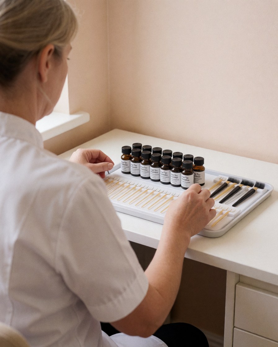 Lash technician preparing adhesive and brushes on a white counter with a beige wall background for a clean professional look
